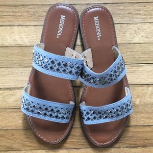 Double strap backless sandal with metallic accents